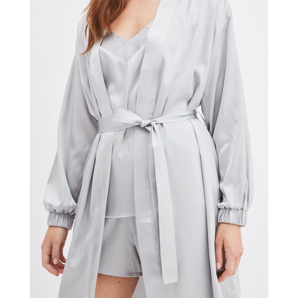 NEW‎ Haven Well Within Washable Silk Puff Sleeve Robe Silver Size XS Gray Belt
